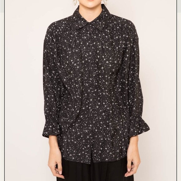 FRAME Diamond Sky Star Silk Print Blouse Top Shirt White Button Down Ruffle XS - Picture 3 of 14